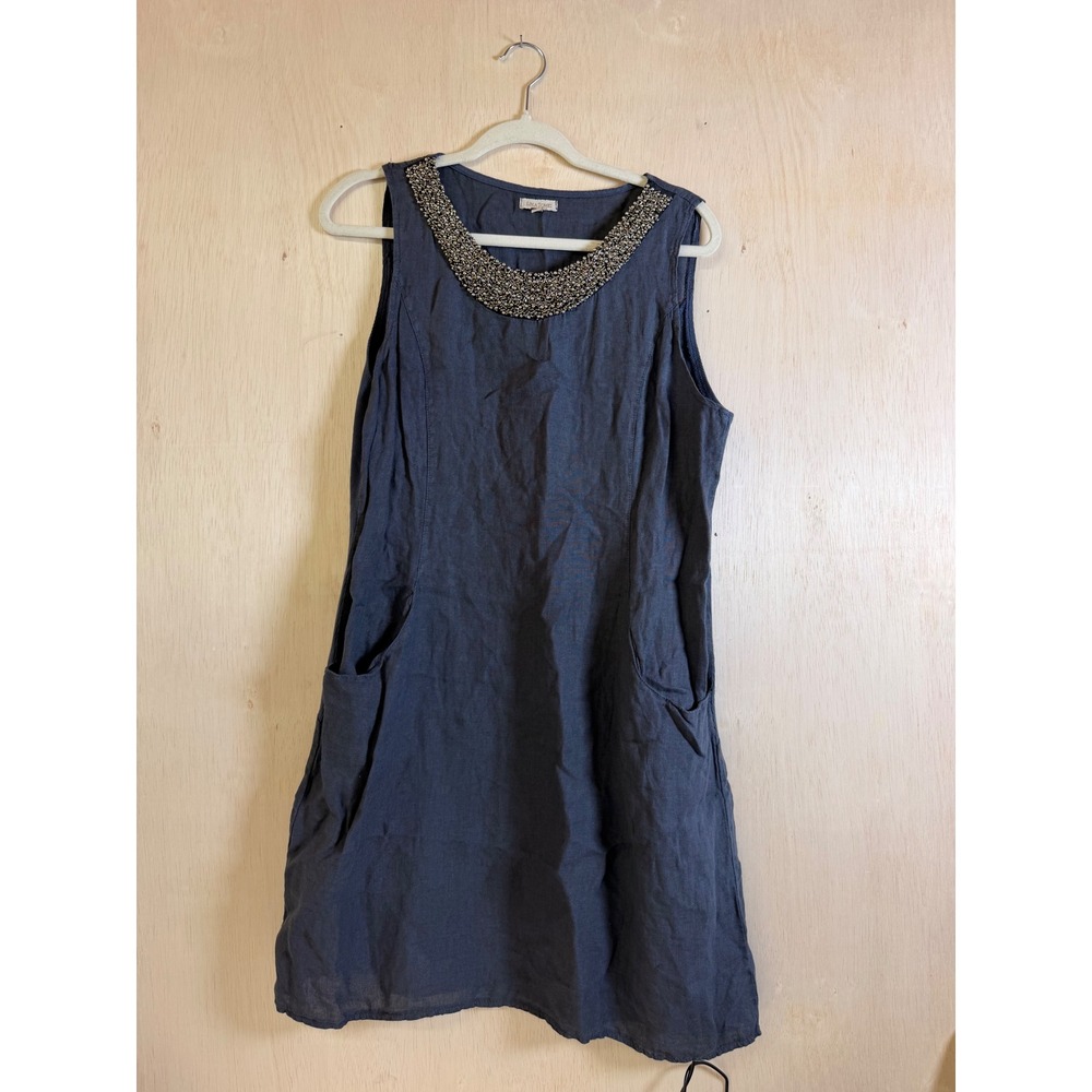 Lina Tomei Linen Beaded Shift Dress Women Large Blue Excellent Made in Italy
